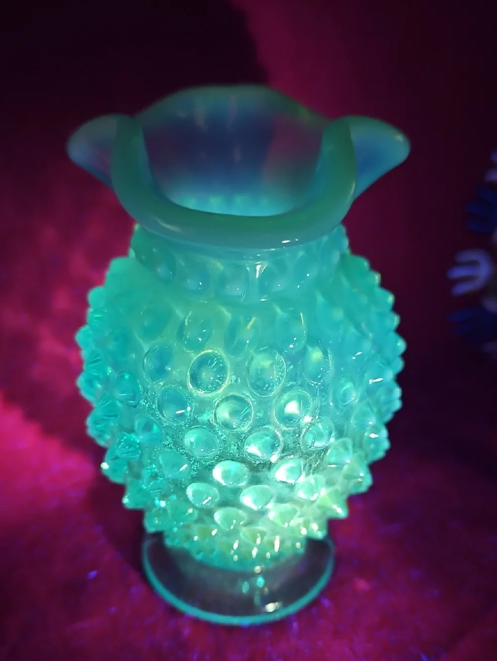 VTG Fenton Blue Opalescent Glass Hobnail Tricorn Purple Hue Crimped Rim Vase